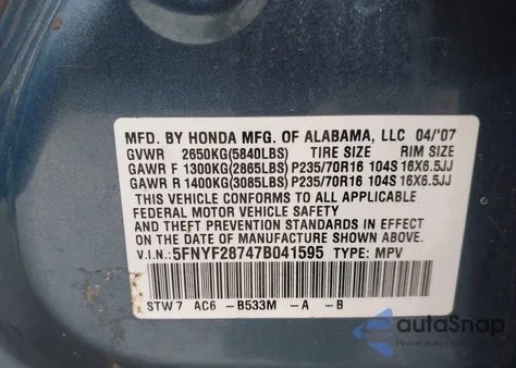 2007 Honda Pilot Ex-L z USA, uszkodzony, nr VIN 5FNYF28747B041595